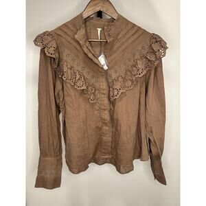 Free People Brown Lace Ruffle Embroidered Blouse High Neck Cotton Long Sleeve S